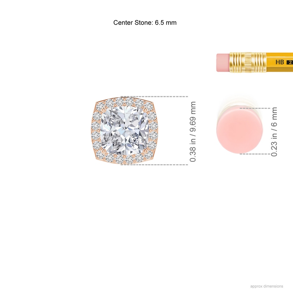 6.5mm HSI2 Vintage Inspired Cushion Diamond Halo Pendant in Rose Gold ruler