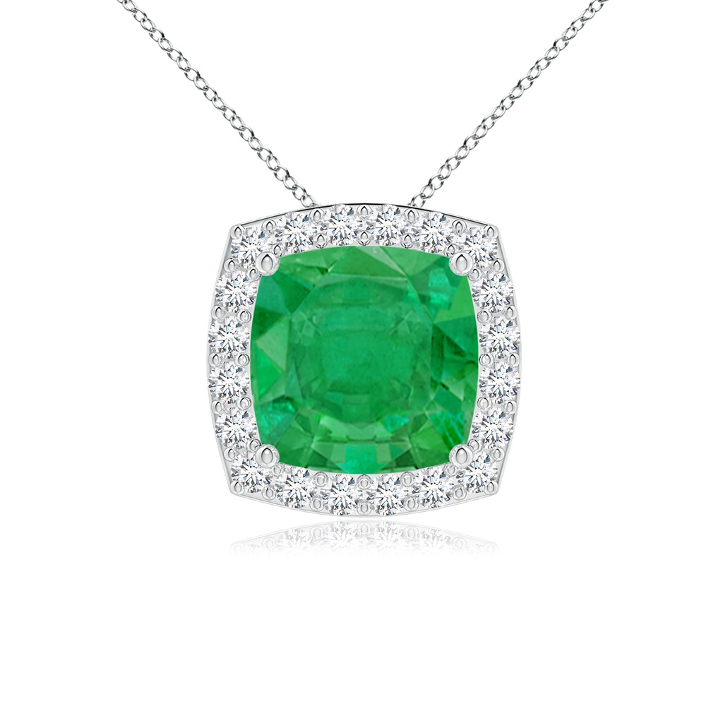 7mm AA Vintage Inspired Cushion Emerald Halo Pendant in White Gold