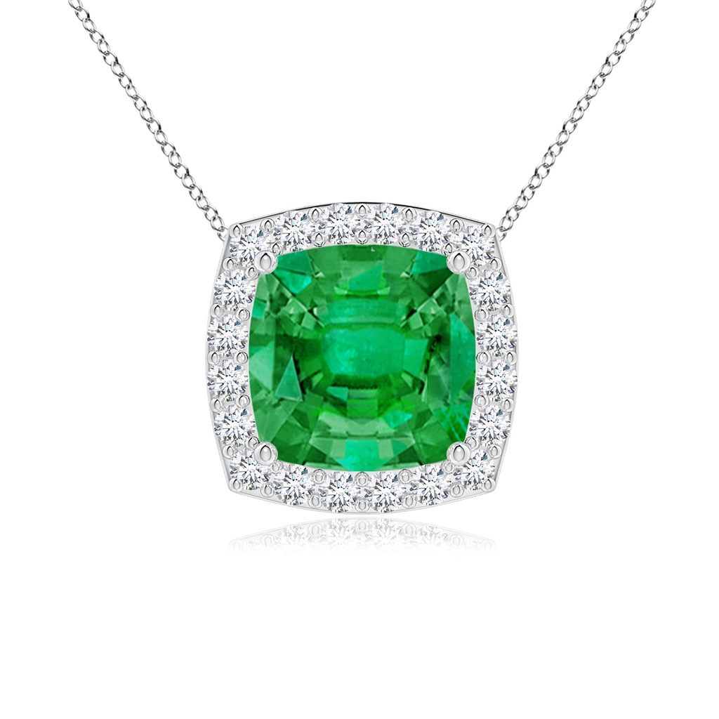7mm AAA Vintage Inspired Cushion Emerald Halo Pendant in White Gold