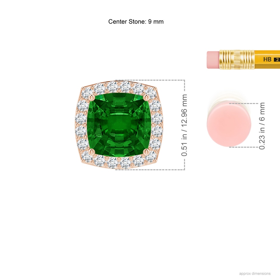 9mm AAAA Vintage Inspired Cushion Emerald Halo Pendant in Rose Gold ruler