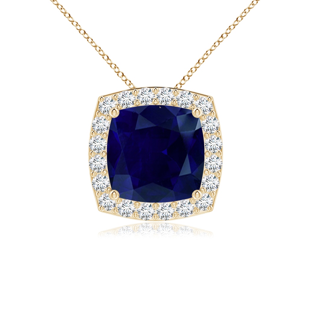 7mm AA Vintage Inspired Cushion Blue Sapphire Halo Pendant in Yellow Gold