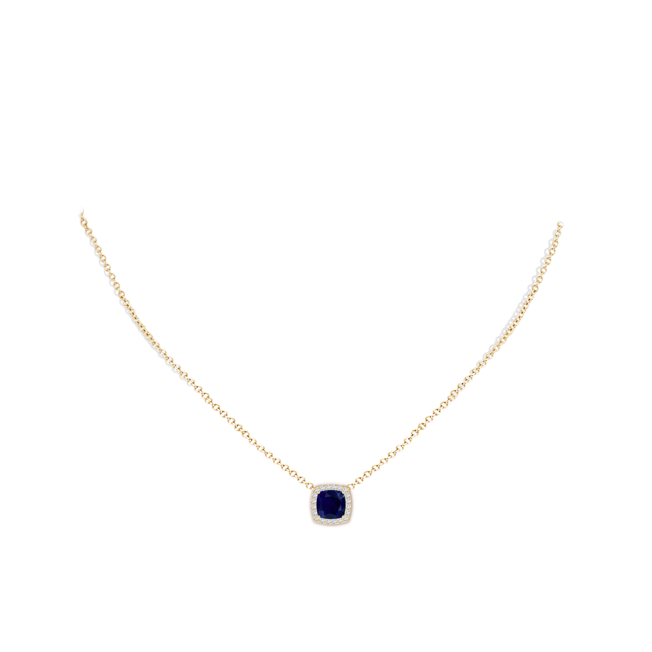 7mm AA Vintage Inspired Cushion Blue Sapphire Halo Pendant in Yellow Gold pen