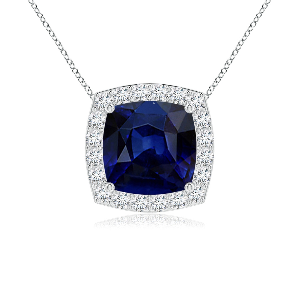 7mm AAA Vintage Inspired Cushion Blue Sapphire Halo Pendant in White Gold