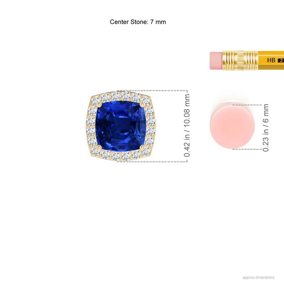 7mm Lab-Grown Vintage Inspired Cushion Blue Sapphire Halo Pendant in Yellow Gold ruler