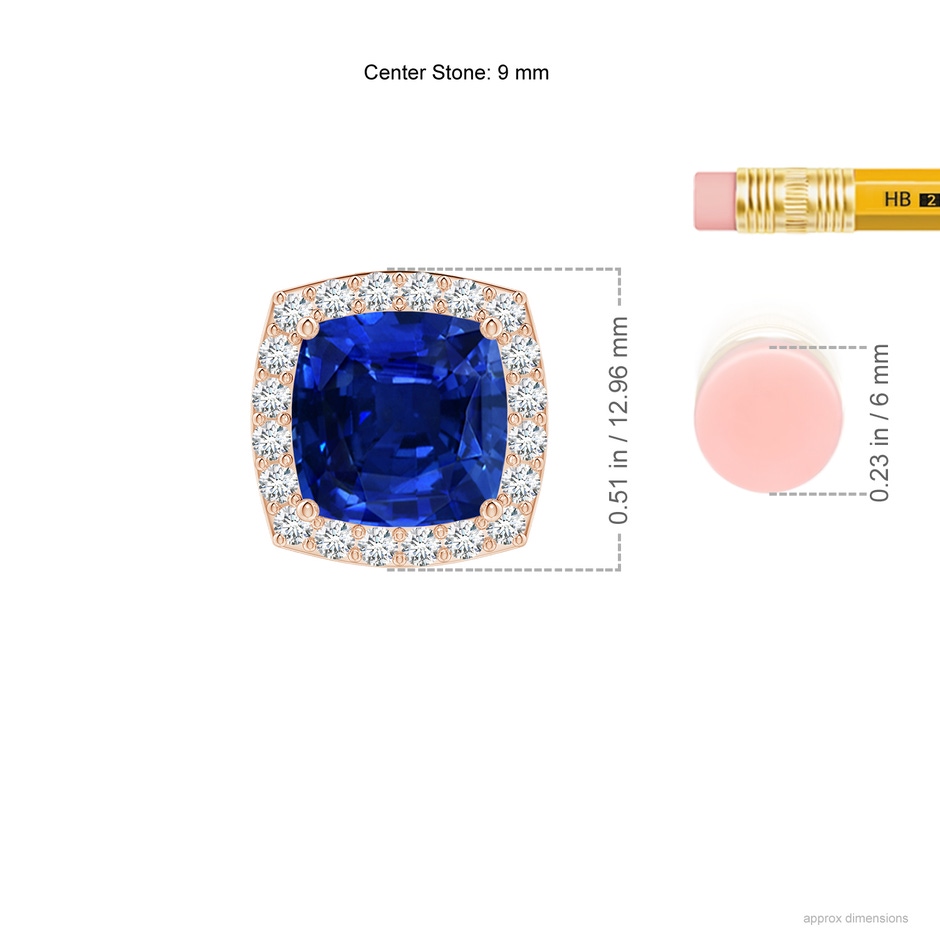9mm AAAA Vintage Inspired Cushion Blue Sapphire Halo Pendant in Rose Gold ruler