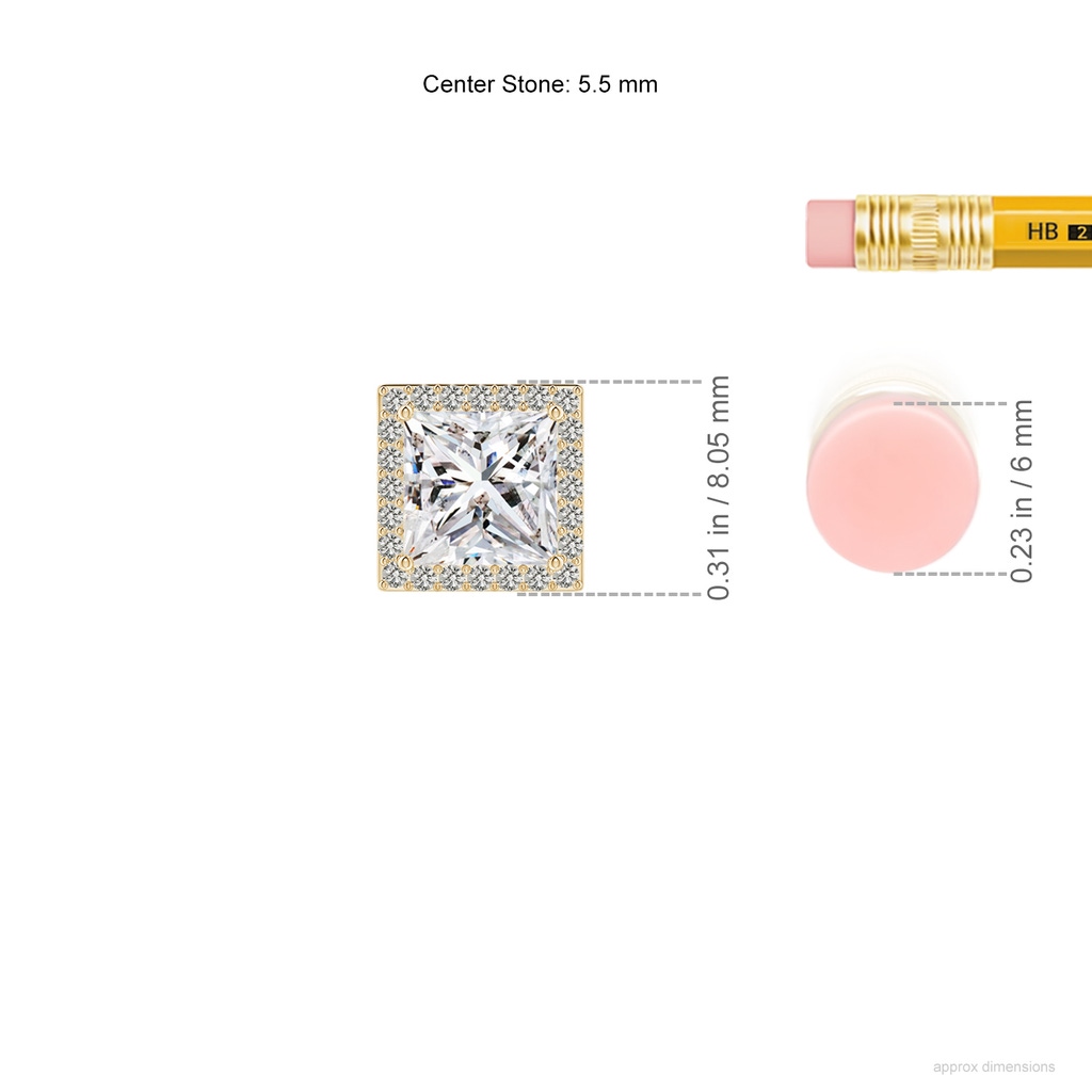 5.5mm IJI1I2 Vintage Inspired Princess-Cut Diamond Halo Pendant in Yellow Gold ruler