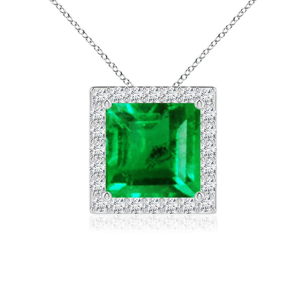 7mm AAA Vintage Inspired Square Emerald Halo Pendant in White Gold