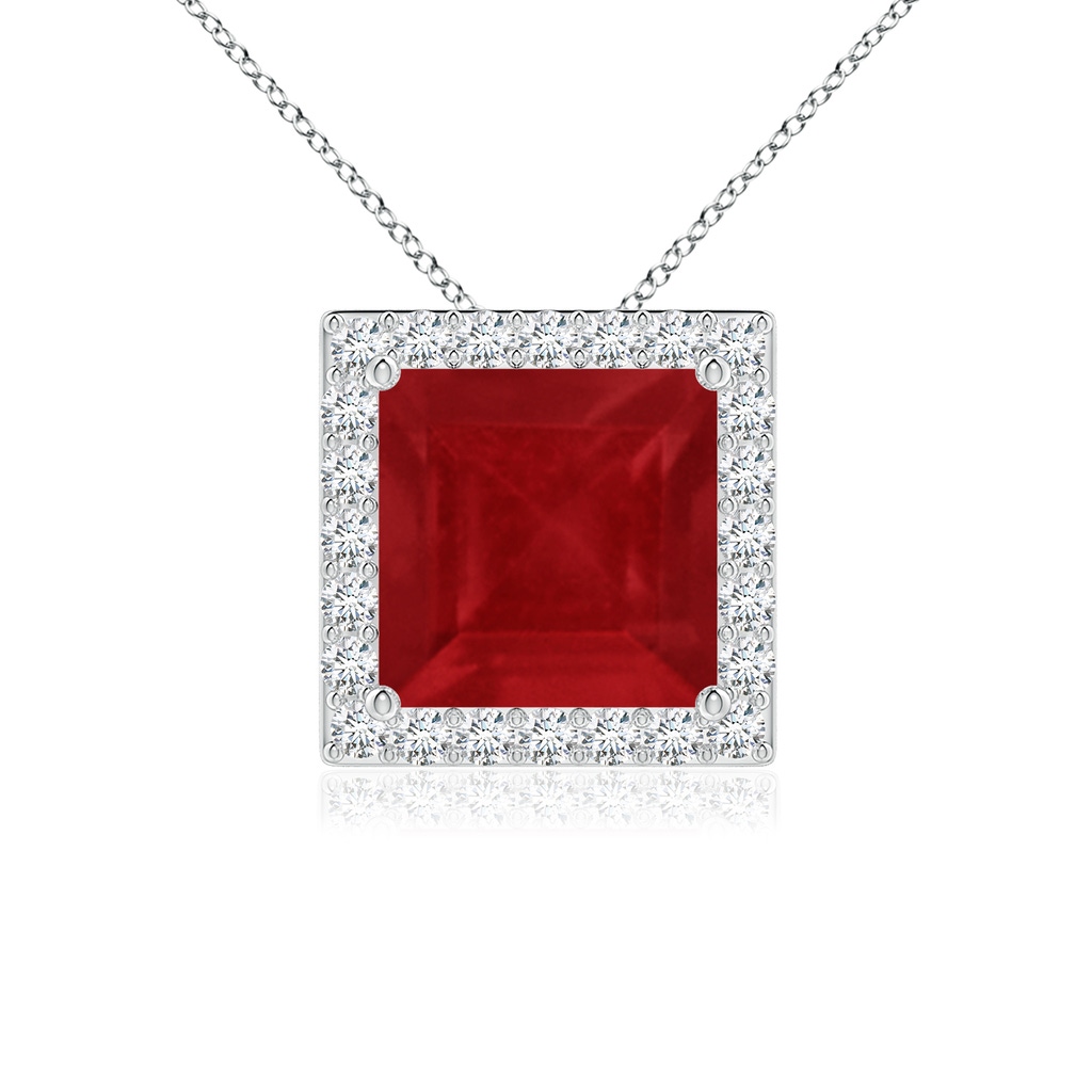 7mm AA Vintage Inspired Square Ruby Halo Pendant in White Gold