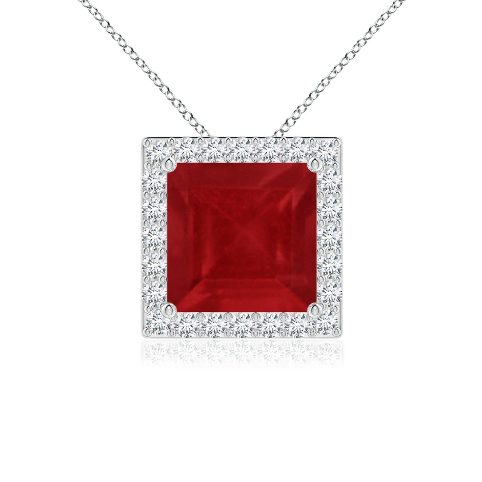 7mm AA Vintage Inspired Square Ruby Halo Pendant in White Gold 