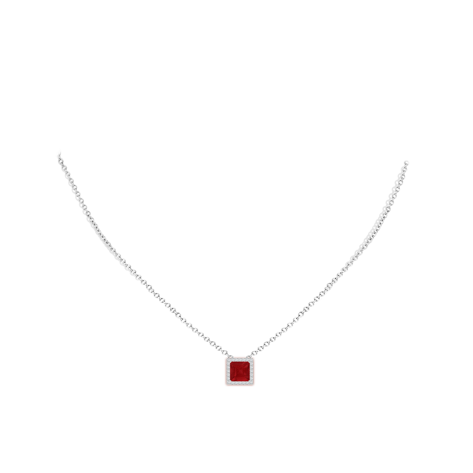 7mm AA Vintage Inspired Square Ruby Halo Pendant in White Gold pen