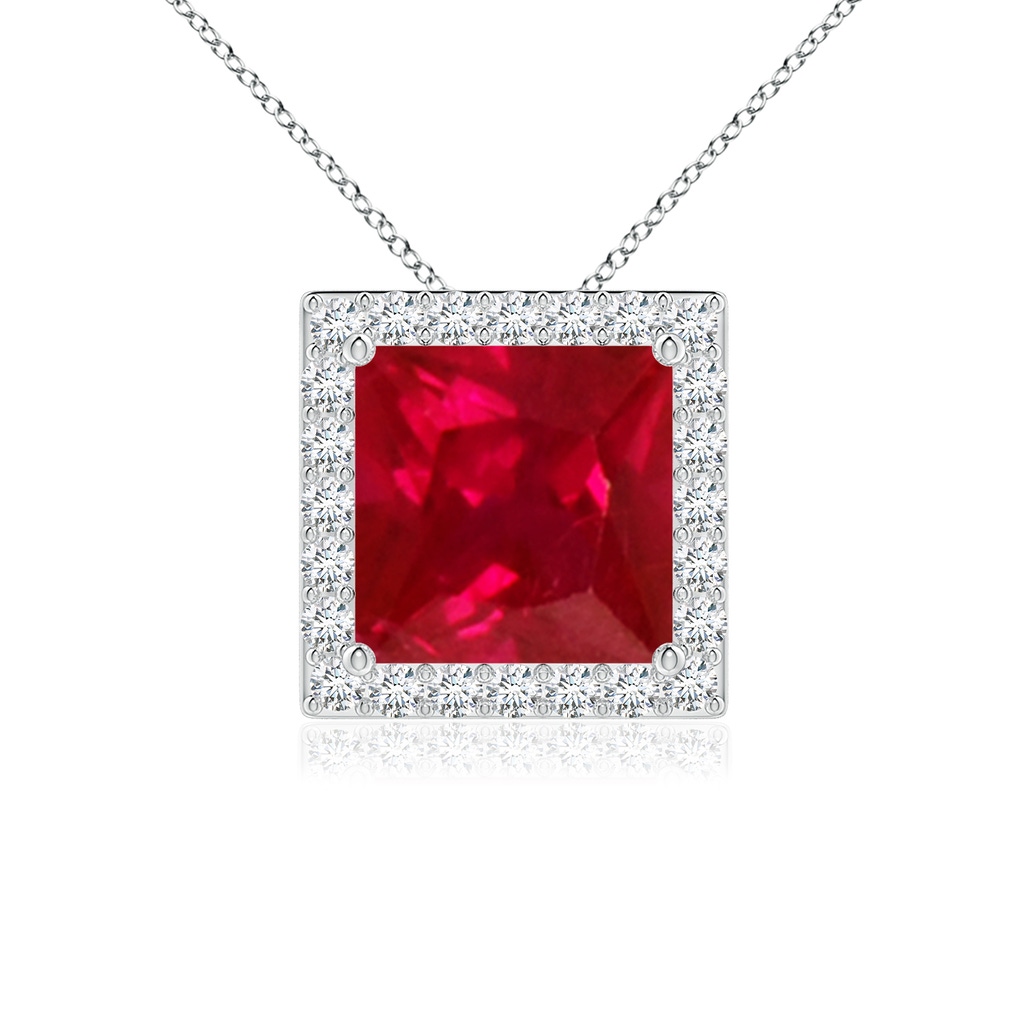 7mm AAA Vintage Inspired Square Ruby Halo Pendant in White Gold