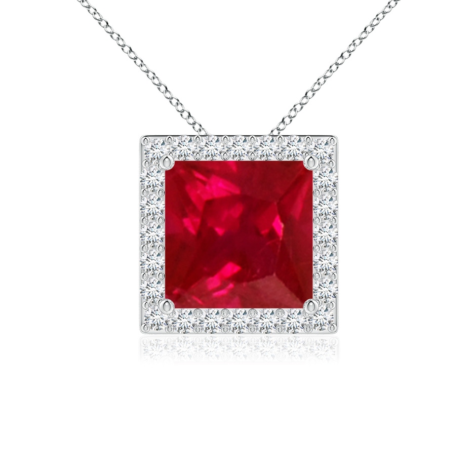 7mm AAA Vintage Inspired Square Ruby Halo Pendant in White Gold 