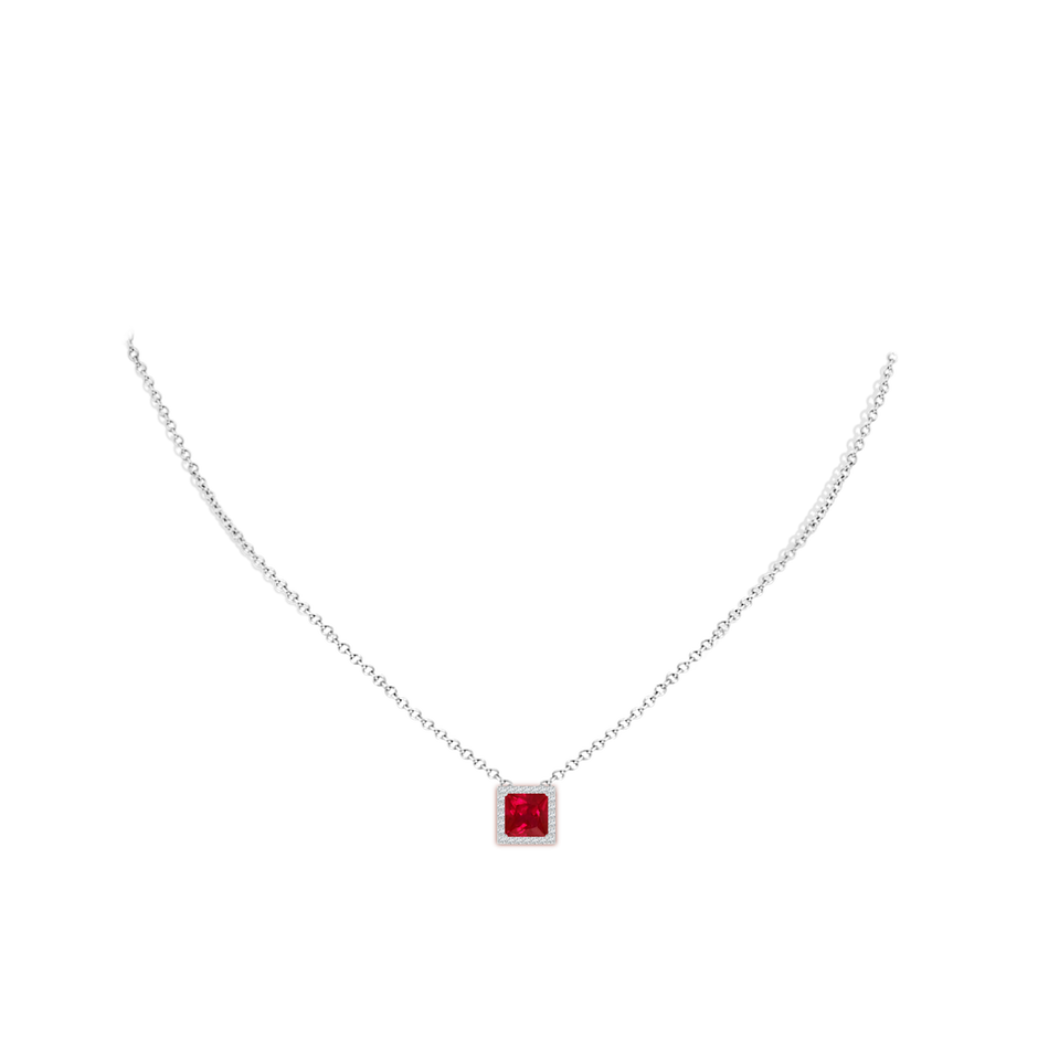 7mm AAA Vintage Inspired Square Ruby Halo Pendant in White Gold pen