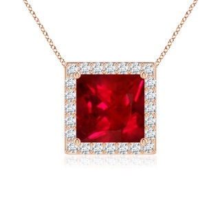 7mm AAAA Vintage Inspired Square Ruby Halo Pendant in Rose Gold