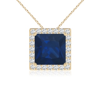 7mm AA Vintage Inspired Square Blue Sapphire Halo Pendant in Yellow Gold