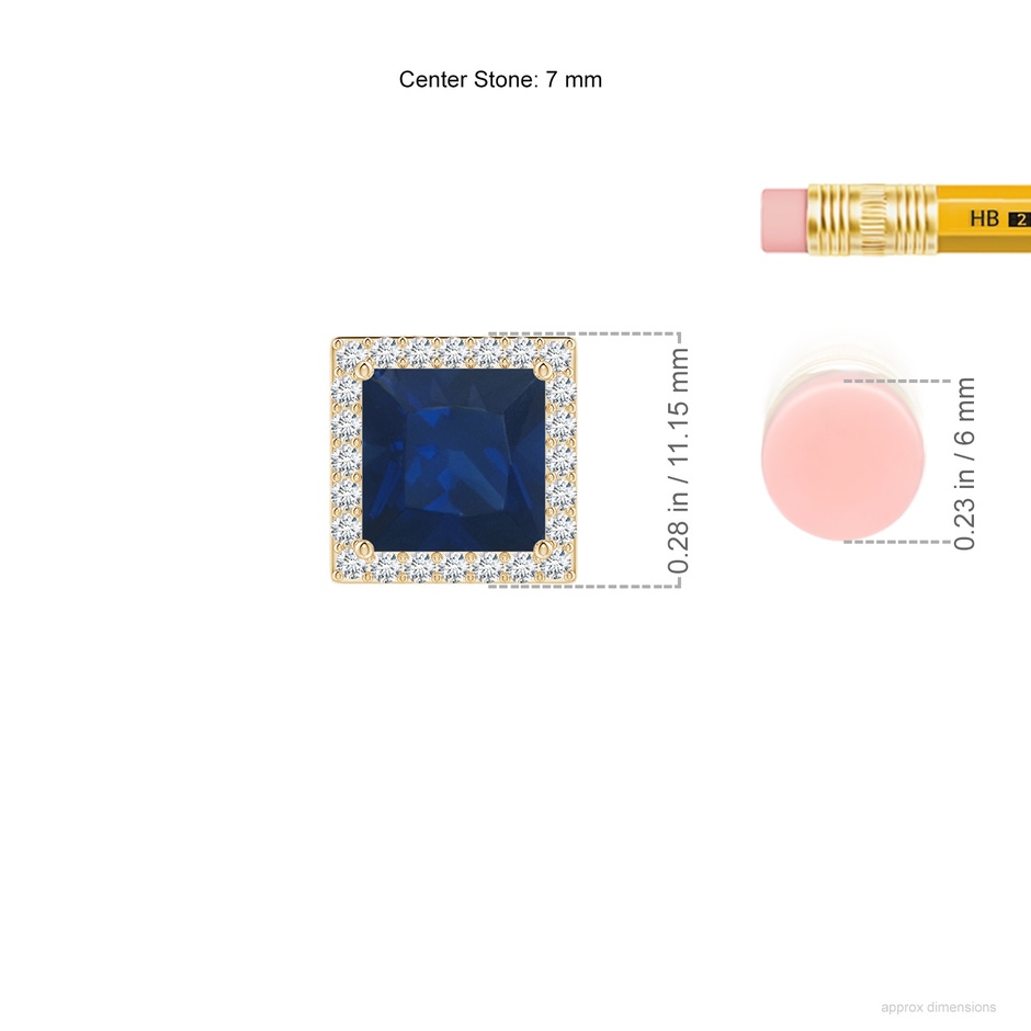 7mm AA Vintage Inspired Square Blue Sapphire Halo Pendant in Yellow Gold ruler