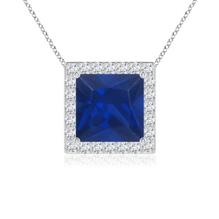 7mm AAA Vintage Inspired Square Blue Sapphire Halo Pendant in White Gold