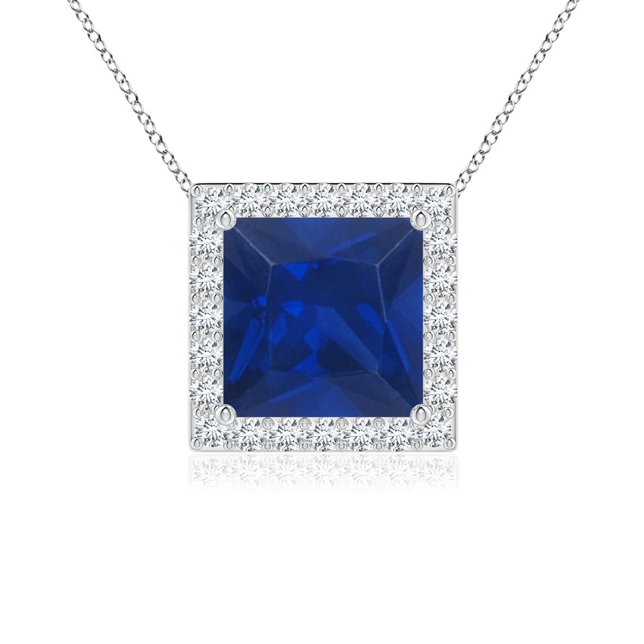 7mm AAA Vintage Inspired Square Blue Sapphire Halo Pendant in White Gold 