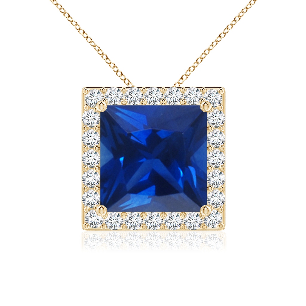 8mm Lab-Grown Vintage Inspired Square Blue Sapphire Halo Pendant in Yellow Gold