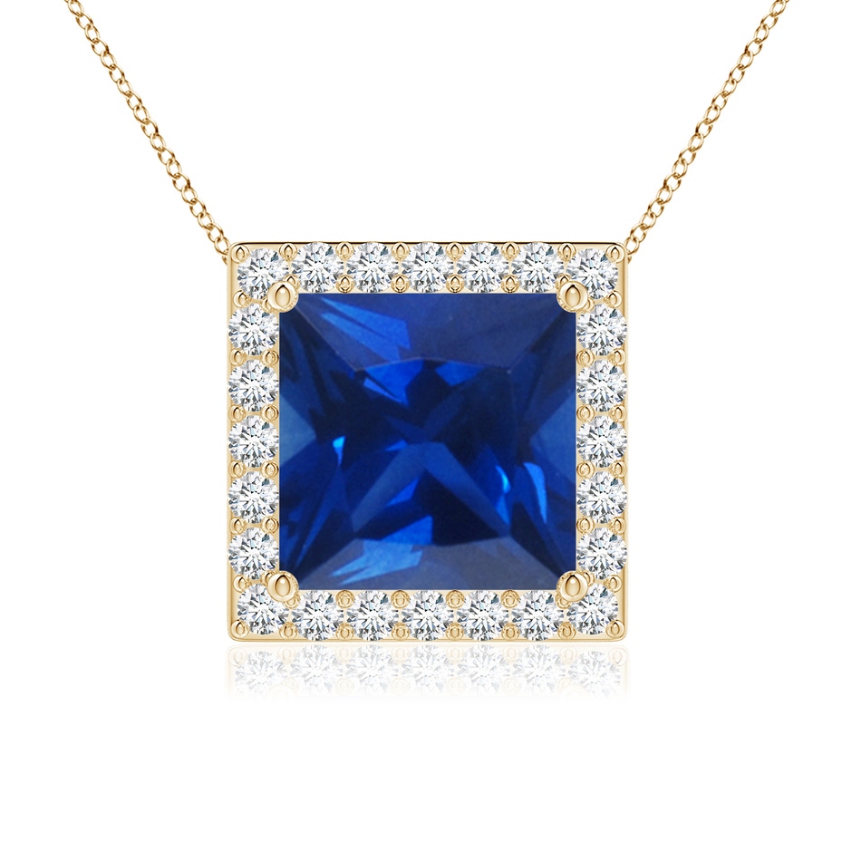 8mm Lab-Grown Vintage Inspired Square Blue Sapphire Halo Pendant in Yellow Gold 