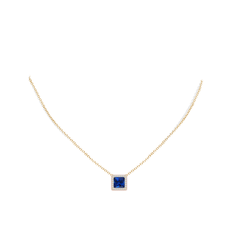 8mm Lab-Grown Vintage Inspired Square Blue Sapphire Halo Pendant in Yellow Gold pen