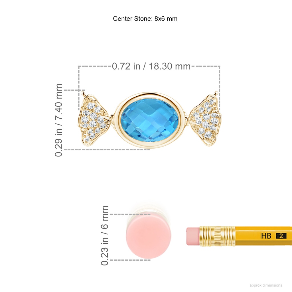 8x6mm AAA Sweet Treats Oval Swiss Blue Topaz Candy Pendant with Diamond Accents in Yellow Gold ruler