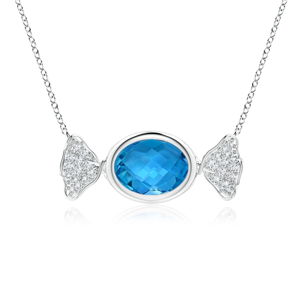 8x6mm AAAA Sweet Treats Oval Swiss Blue Topaz Candy Pendant with Diamond Accents in S999 Silver