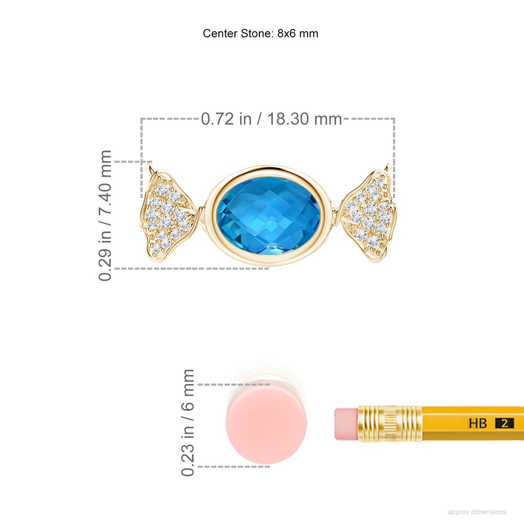 8x6mm AAAA Sweet Treats Oval Swiss Blue Topaz Candy Pendant with Diamond Accents in Yellow Gold ruler