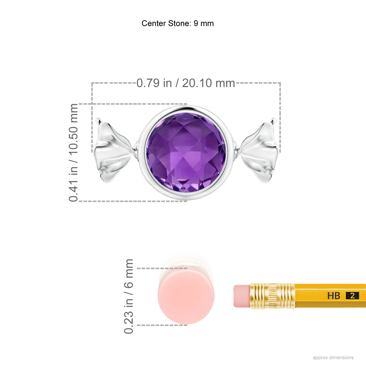 9mm AAA Sweet Treats Round Amethyst Candy Pendant in 18K White Gold - ruler
