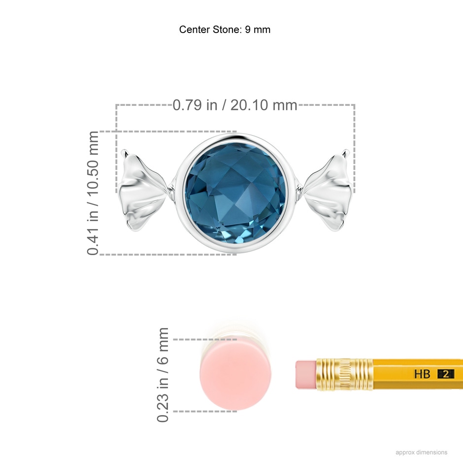 9mm AAA Sweet Treats Round London Blue Topaz Candy Pendant in 18K White Gold ruler