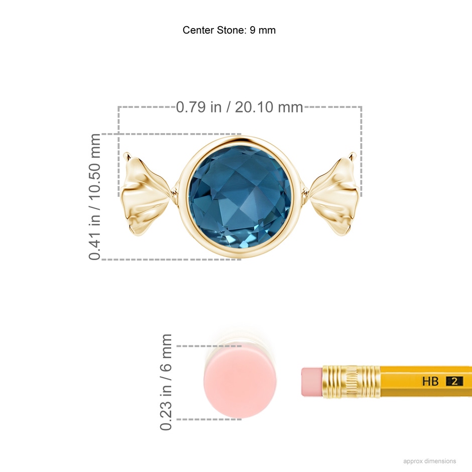 9mm AAA Sweet Treats Round London Blue Topaz Candy Pendant in Yellow Gold ruler