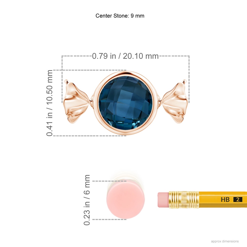 9mm AAAA Sweet Treats Round London Blue Topaz Candy Pendant in Rose Gold ruler
