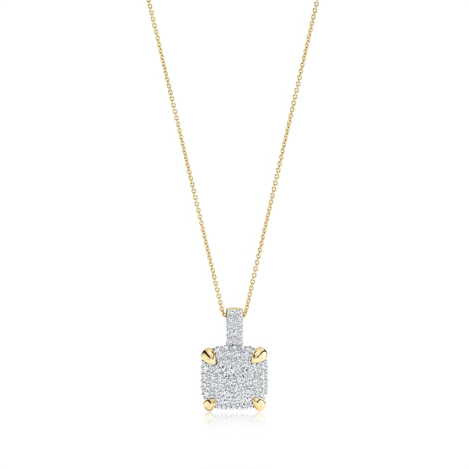 2.2mm GVS2 Claw Prong Diamond Clustre Cushion Pendant in 18K Yellow Gold 