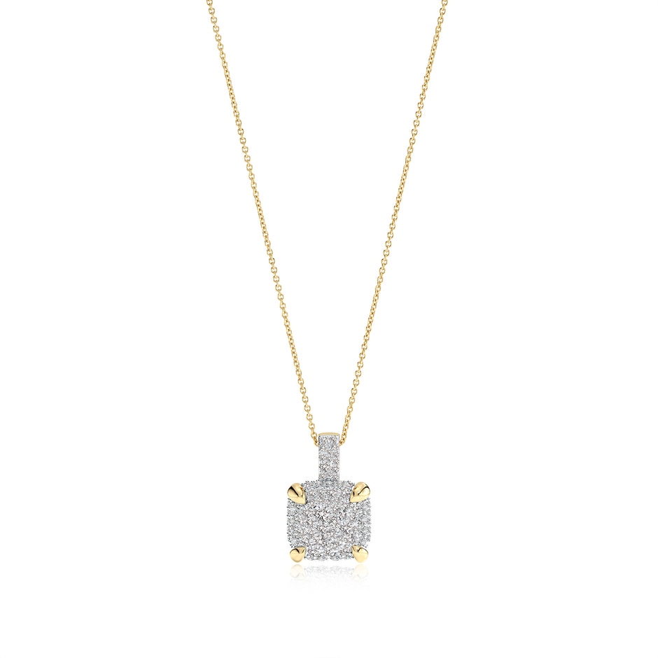 2mm IJI1I2 Claw Prong Diamond Clustre Cushion Pendant in Yellow Gold 
