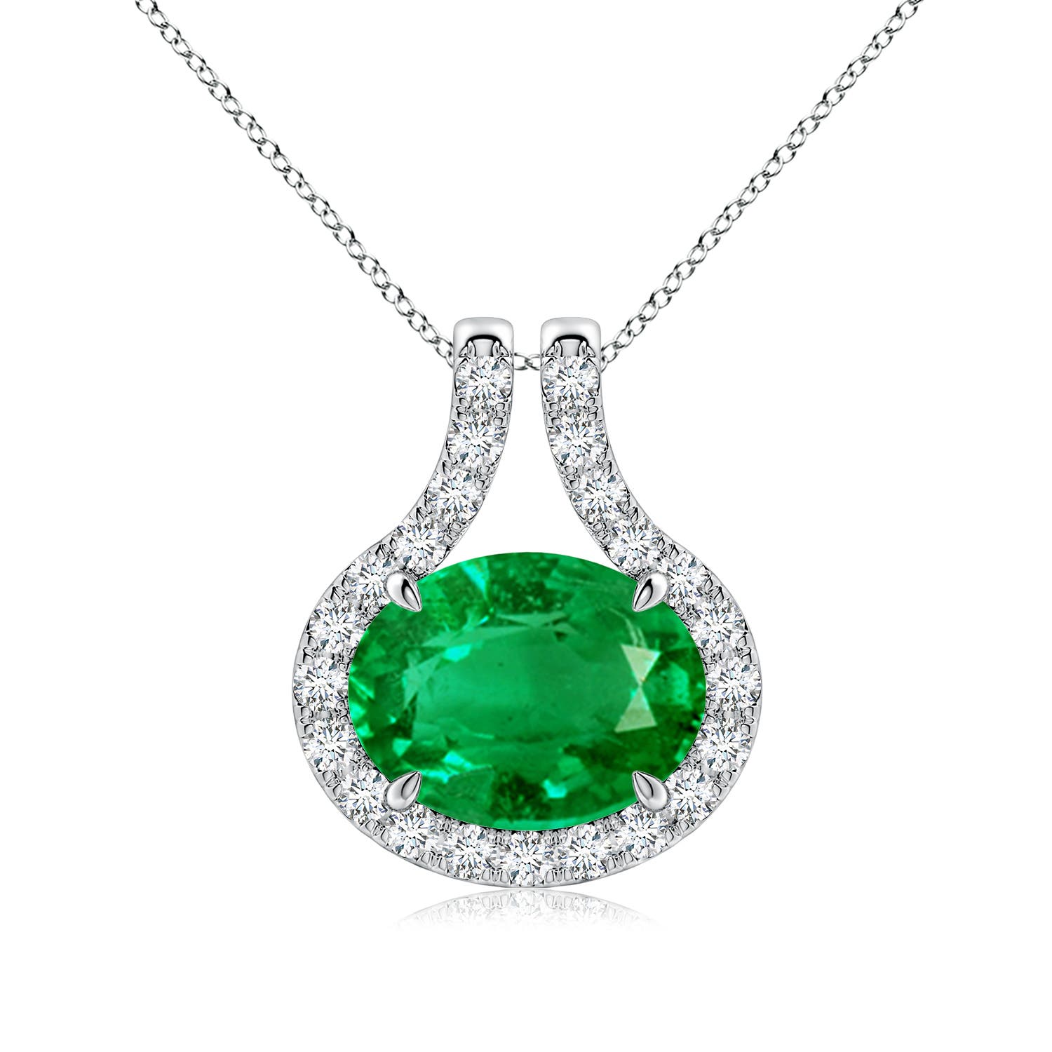 9x7mm AAA East-West Oval Emerald Open Halo Pendant in 18CT White Gold