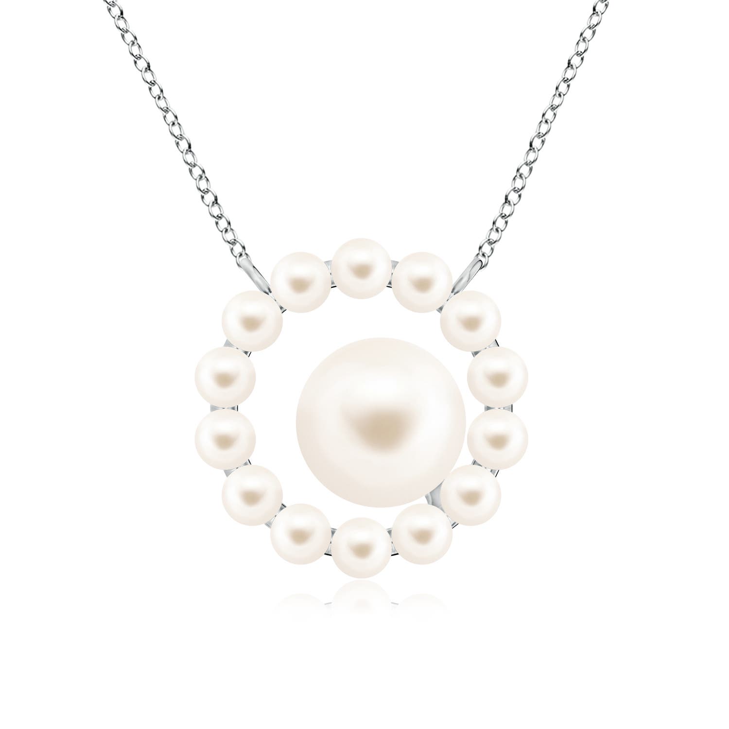 7mm AAA Freshwater Pearl Asymmetrical Halo Pendant in White Gold