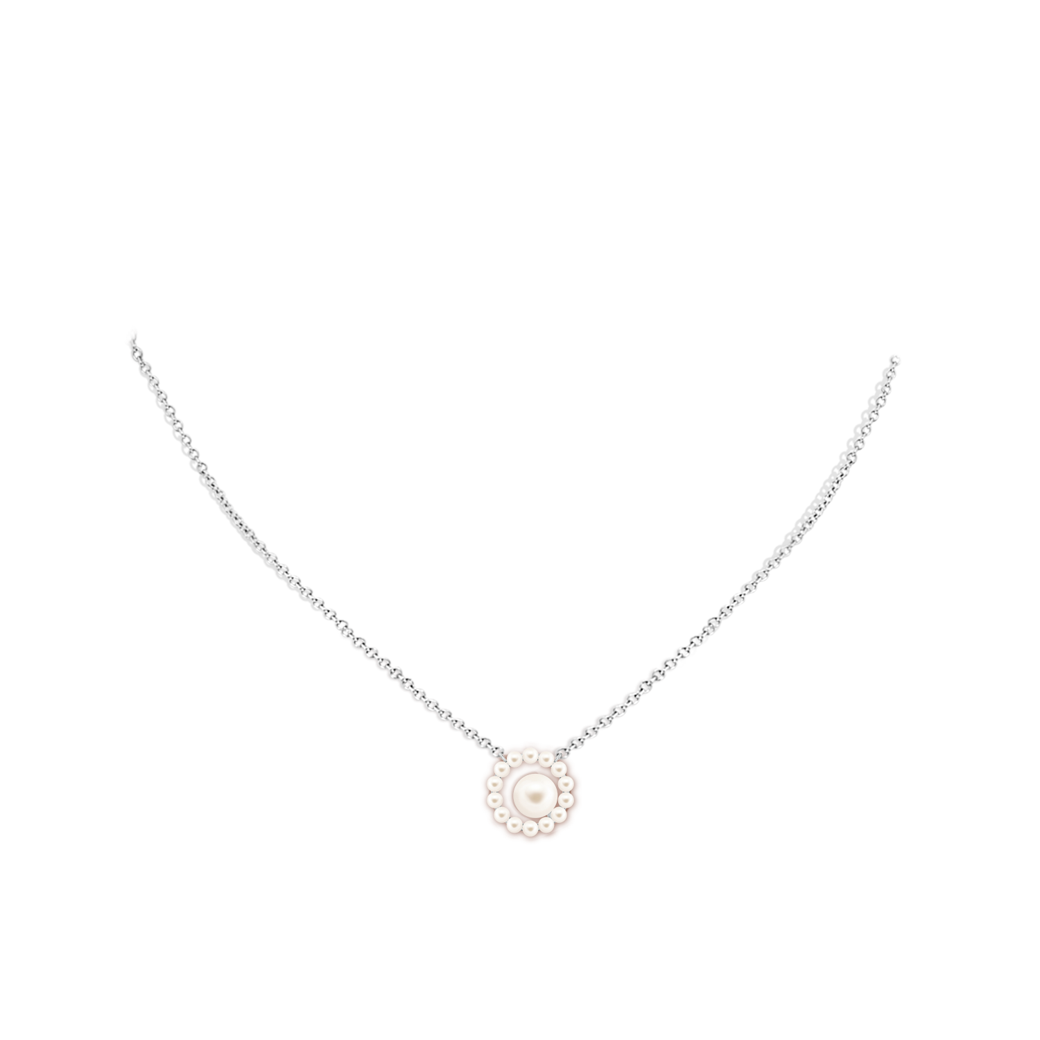 7mm AAA Freshwater Pearl Asymmetrical Halo Pendant in White Gold - body_neck