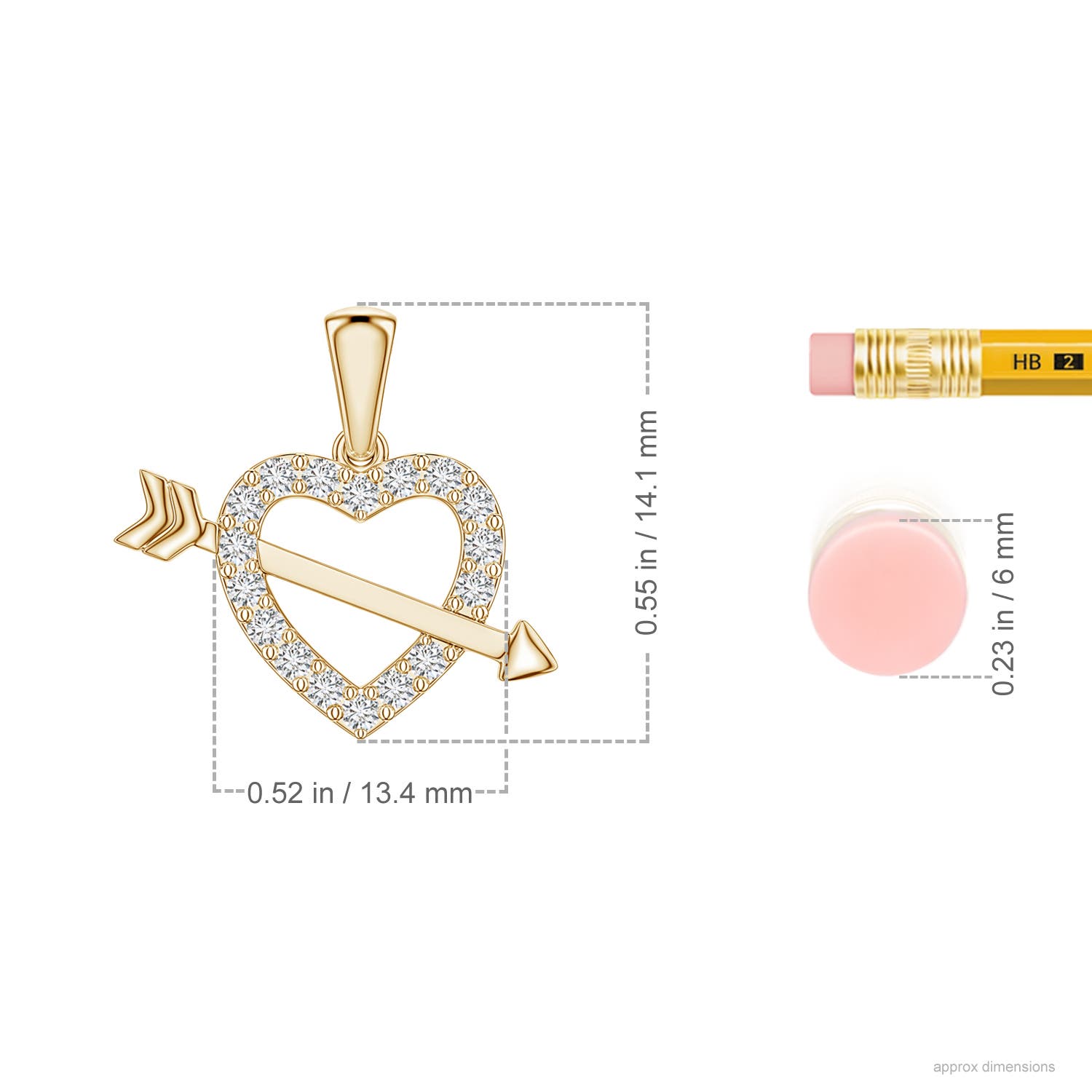 1.2mm HSI2 Diamond Heart and Arrow Pendant in Yellow Gold - ruler