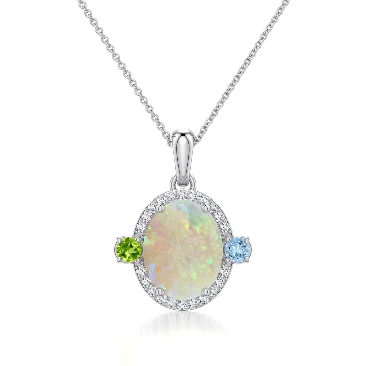 10x8mm AAA Oval Opal Halo Pendant with Aquamarine and Peridot Accents in White Gold - main