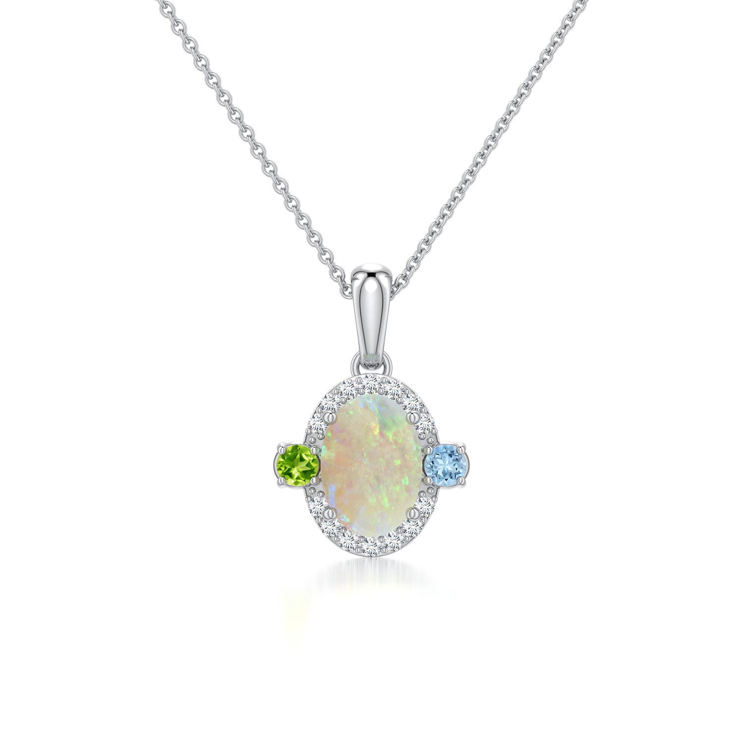 7x5mm AAA Oval Opal Halo Pendant with Aquamarine and Peridot Accents in White Gold - main
