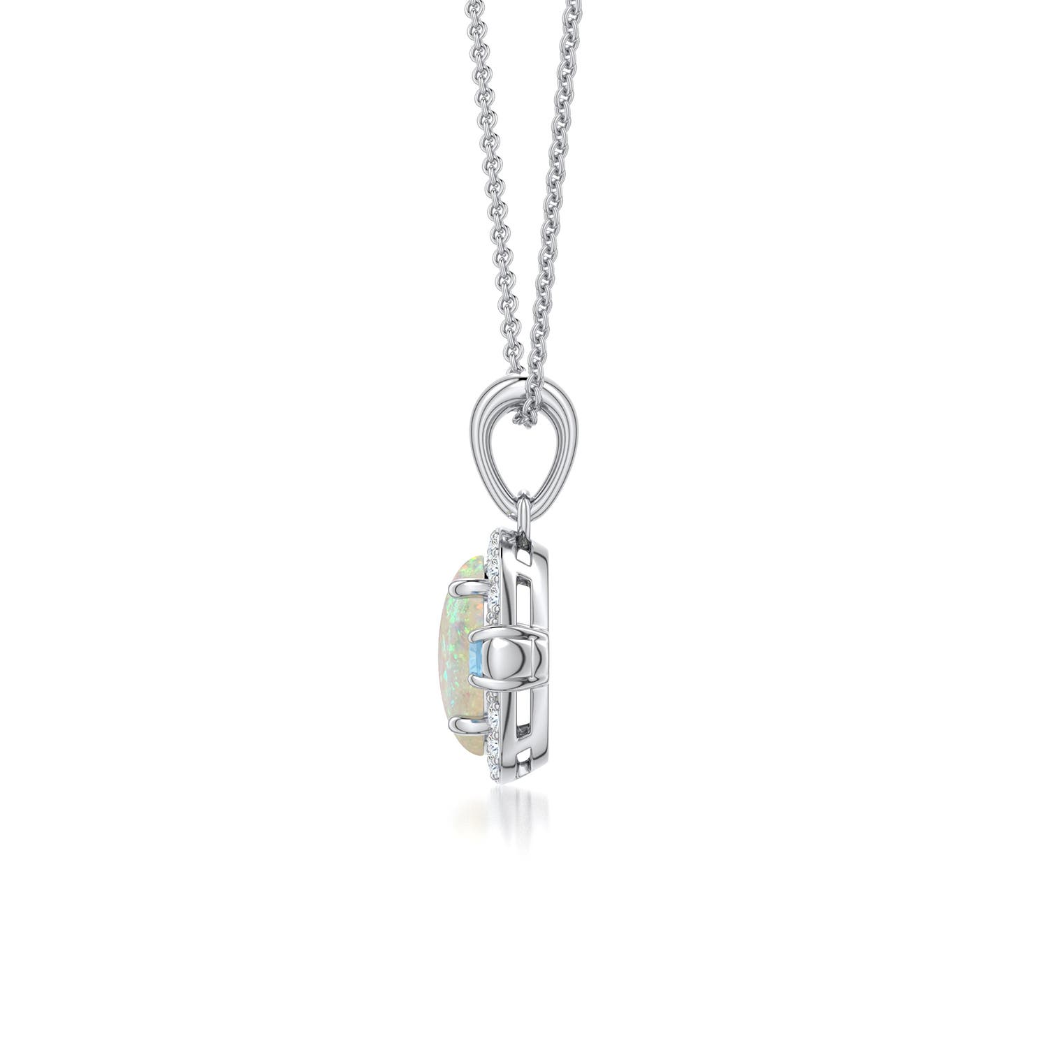 7x5mm AAA Oval Opal Halo Pendant with Aquamarine and Peridot Accents in White Gold - side