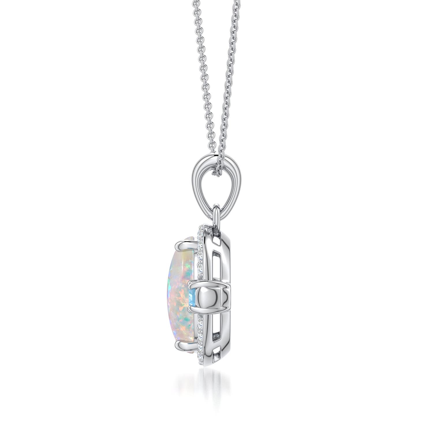 10x8mm AAAA Oval Opal Halo Pendant with Aquamarine and Peridot Accents in White Gold - side
