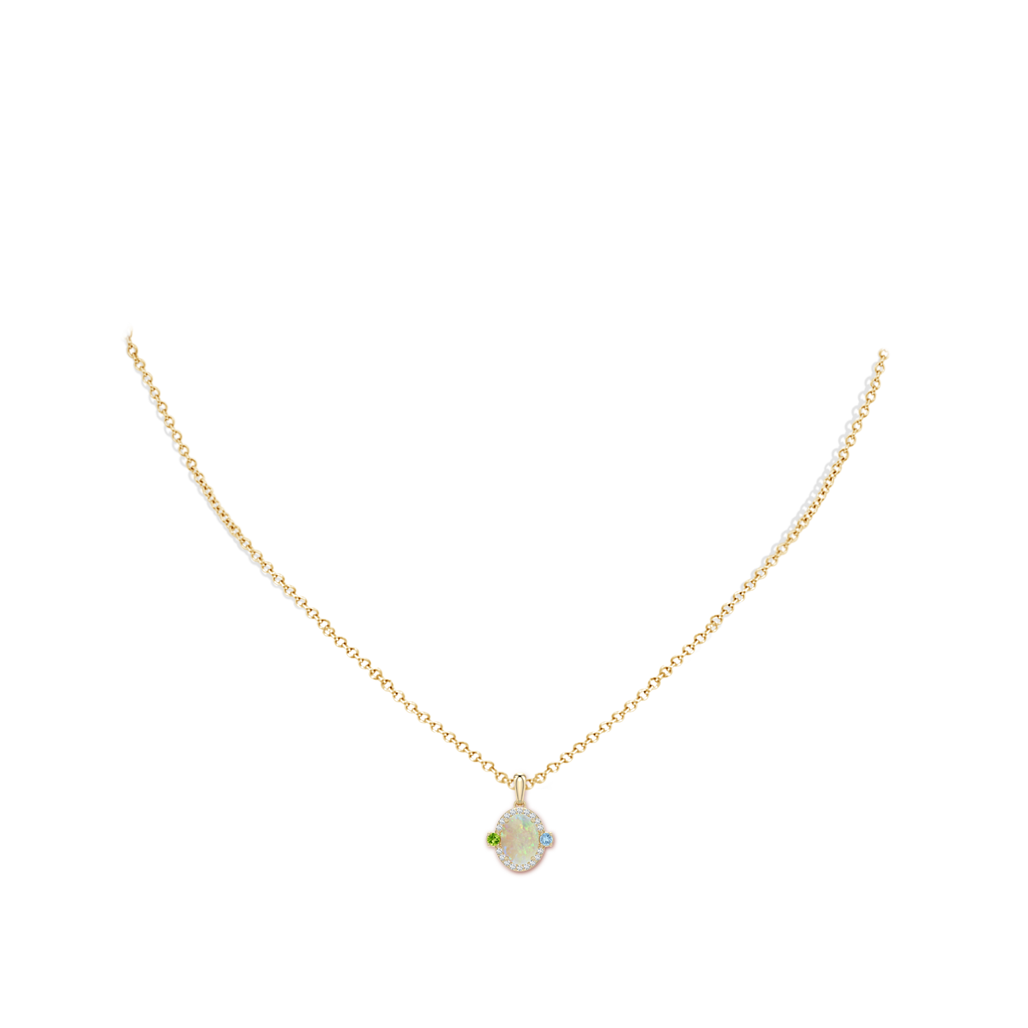 8x6mm AAA Oval Opal Halo Pendant with Aquamarine and Peridot Accents in Yellow Gold - body_neck - body_neck