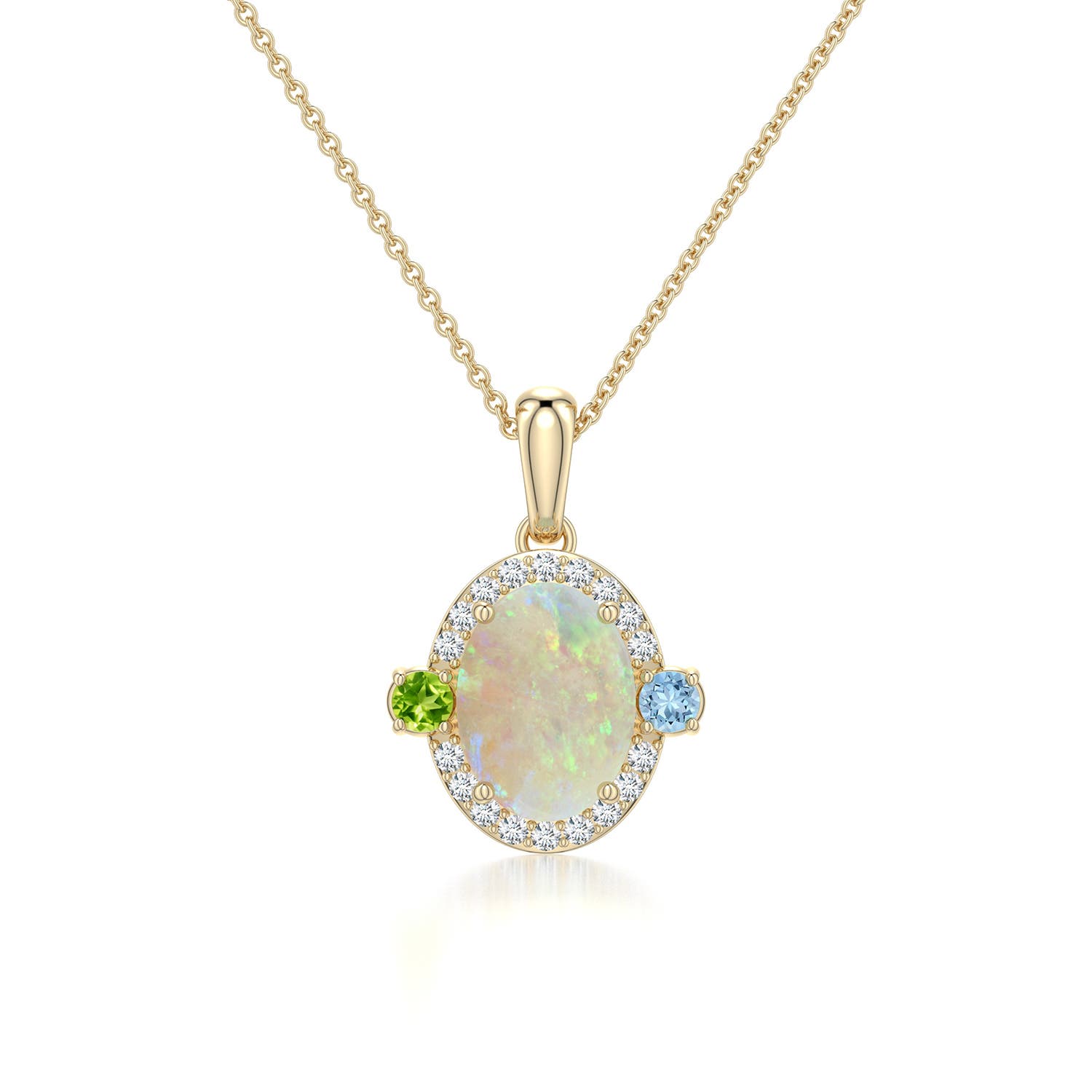 8x6mm AAA Oval Opal Halo Pendant with Aquamarine and Peridot Accents in Yellow Gold - main