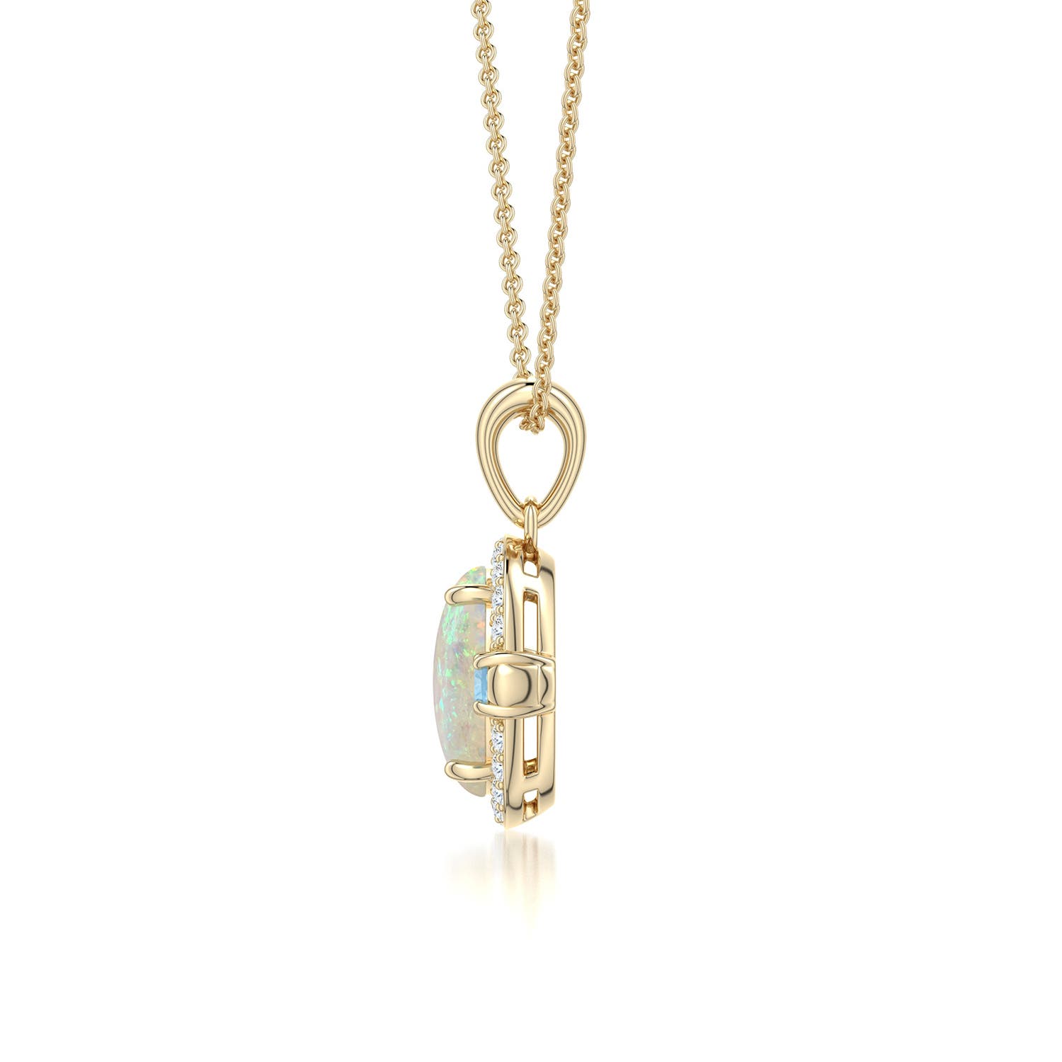 8x6mm AAA Oval Opal Halo Pendant with Aquamarine and Peridot Accents in Yellow Gold - side - side 2