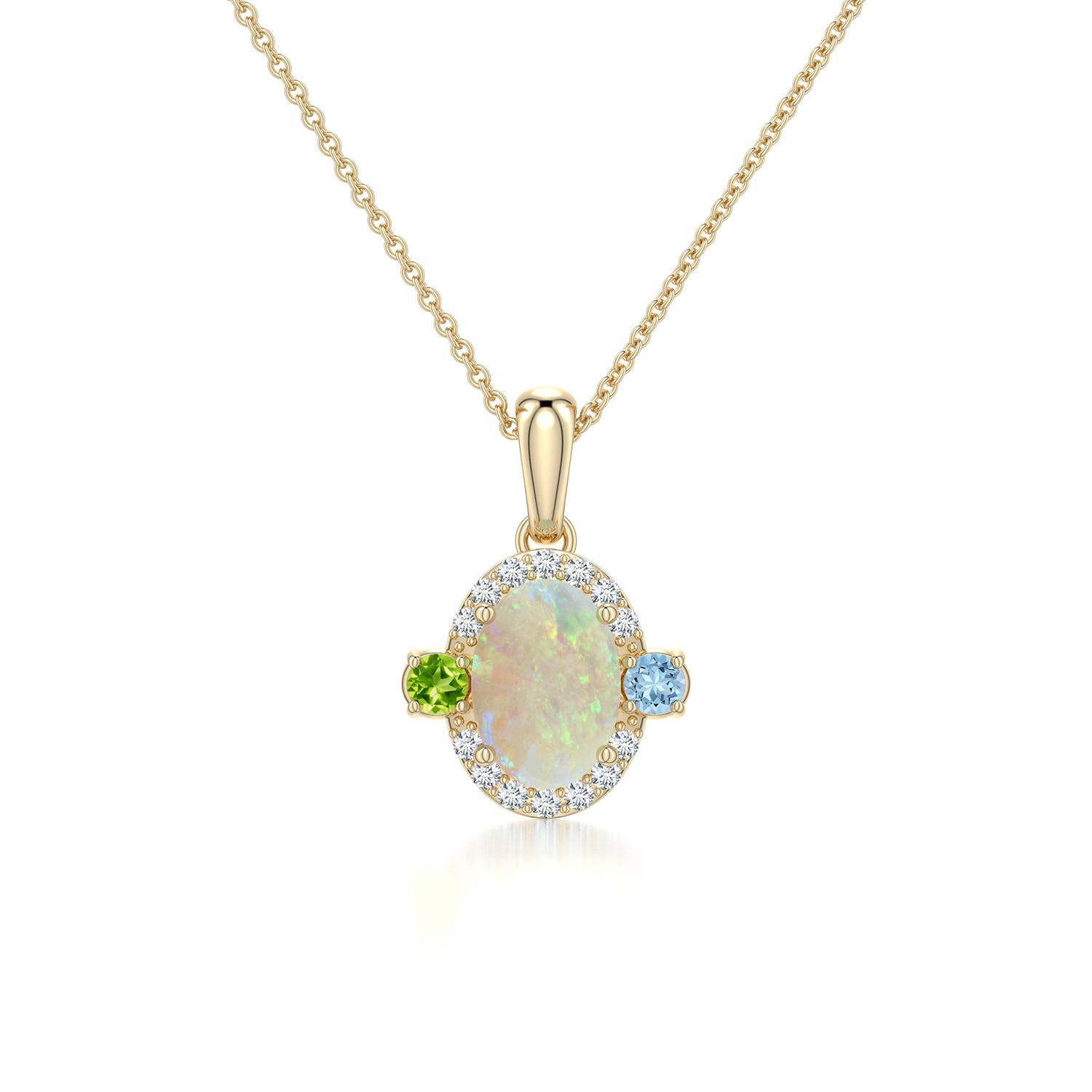7x5mm AAA Oval Opal Halo Pendant with Aquamarine and Peridot Accents in 18K Yellow Gold - main