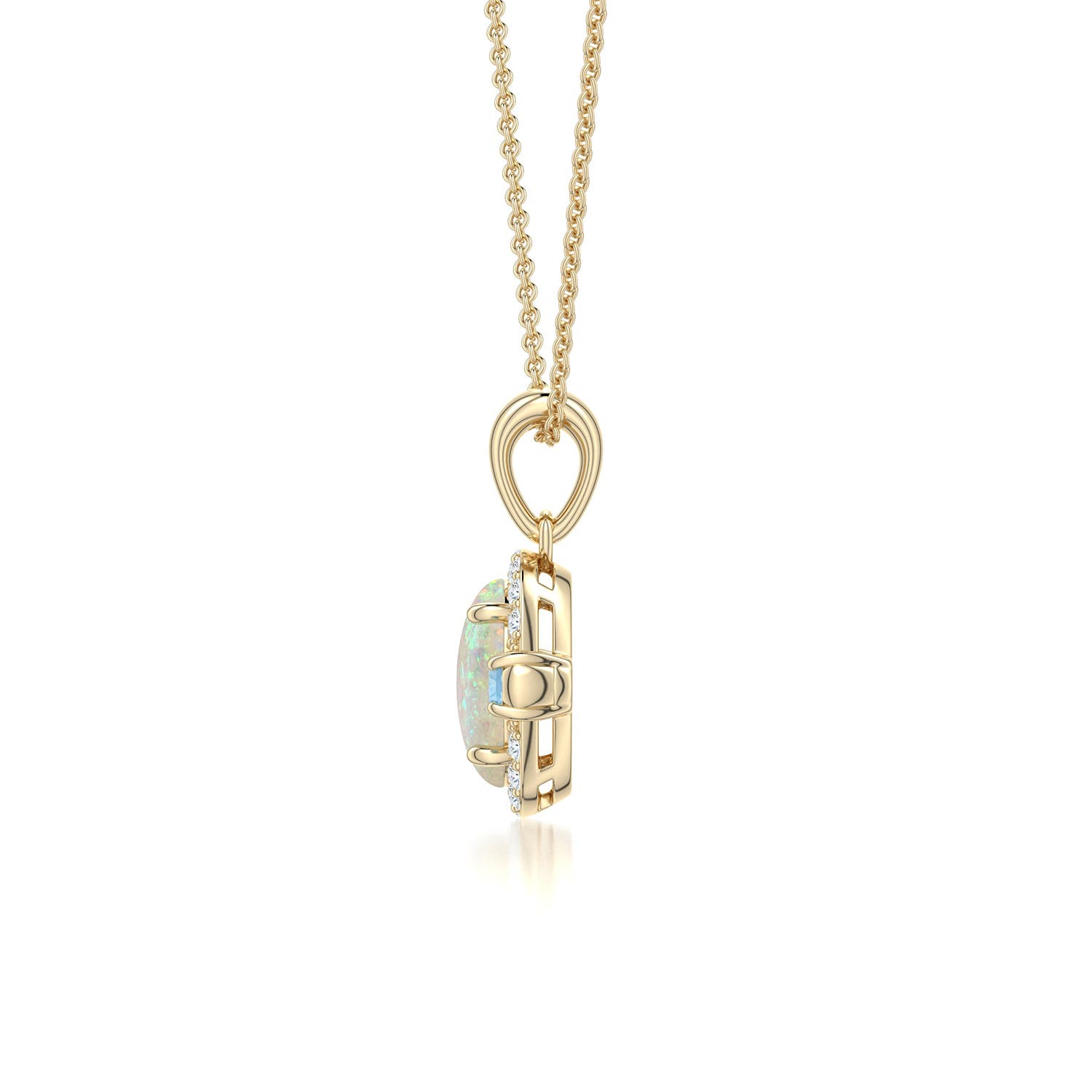7x5mm AAA Oval Opal Halo Pendant with Aquamarine and Peridot Accents in 18K Yellow Gold - side