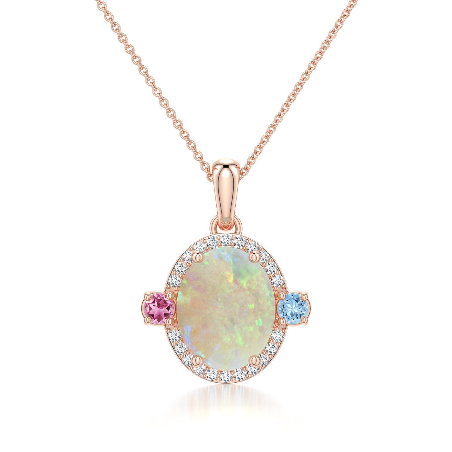 10x8mm AAA Oval Opal Halo Pendant with Aquamarine and Pink Tourmaline Accents in Rose Gold - main