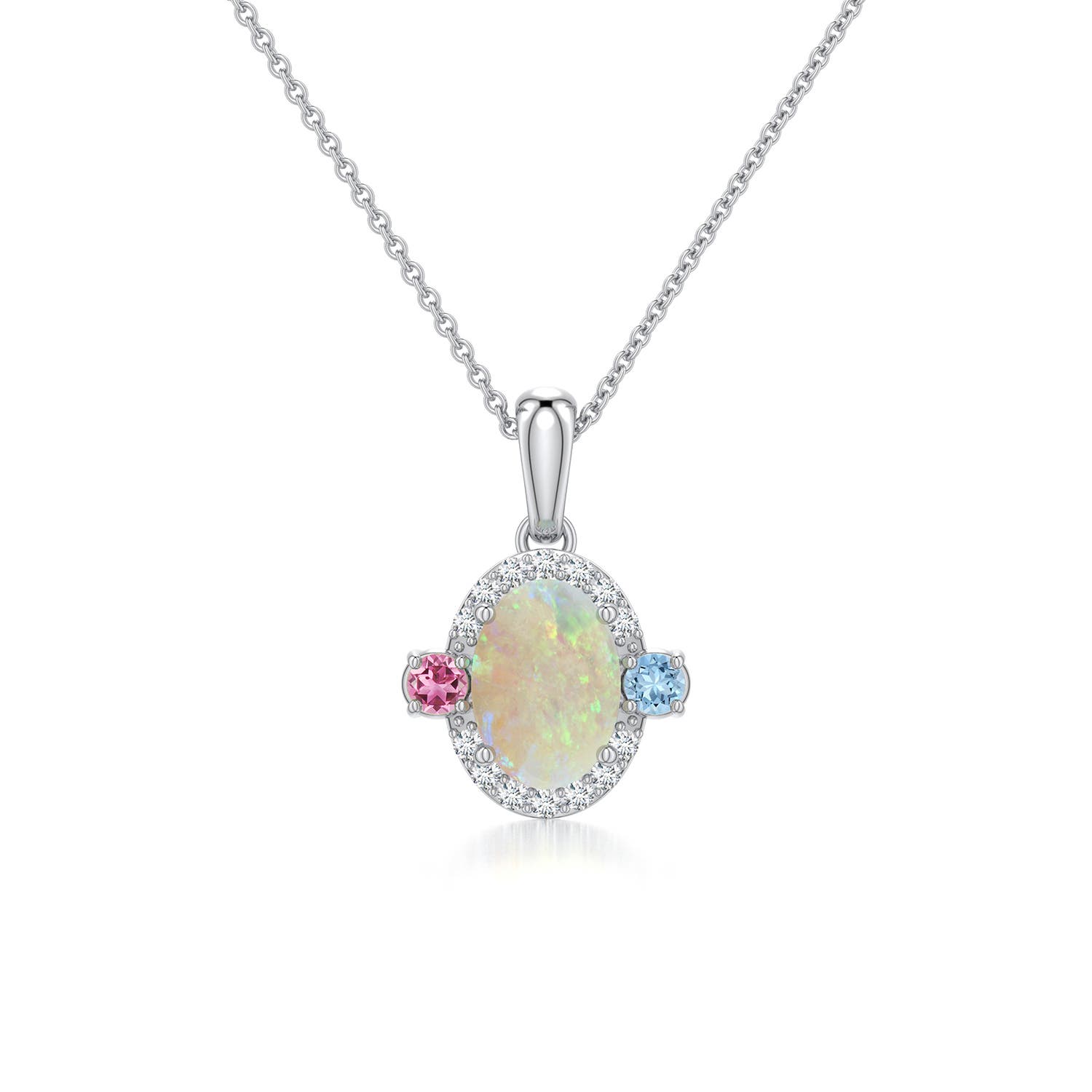 7x5mm AAA Oval Opal Halo Pendant with Aquamarine and Pink Tourmaline Accents in White Gold - main