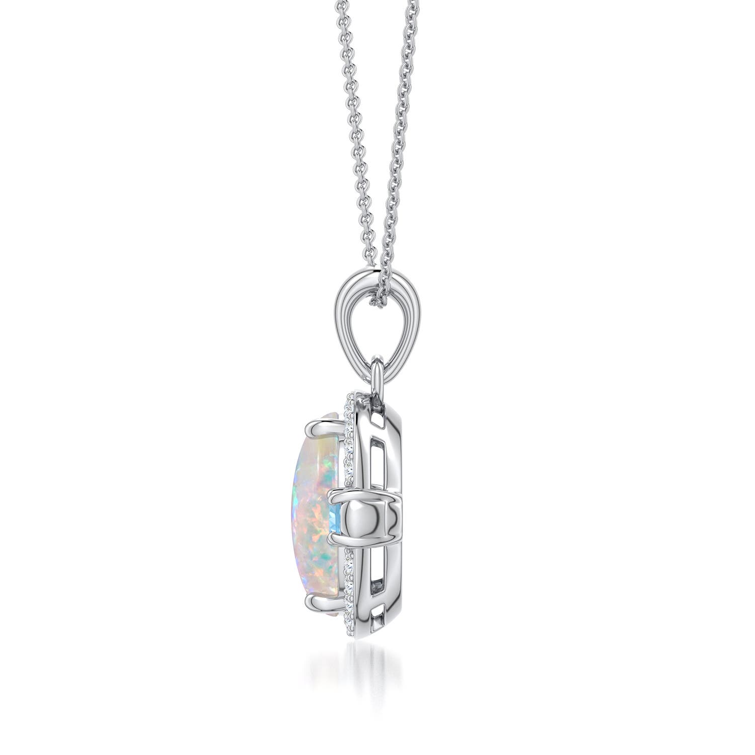 10x8mm AAAA Oval Opal Halo Pendant with Aquamarine and Pink Tourmaline Accents in White Gold - side
